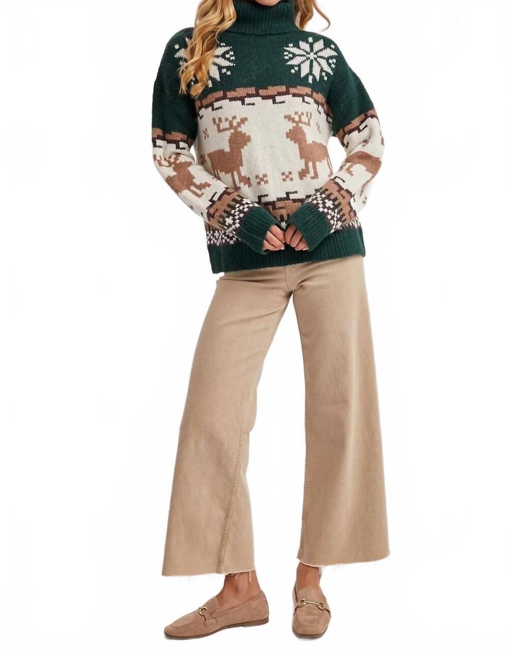 NEW BLUIVY fair isle turtle neck reindeer knit sweater in green/ cream